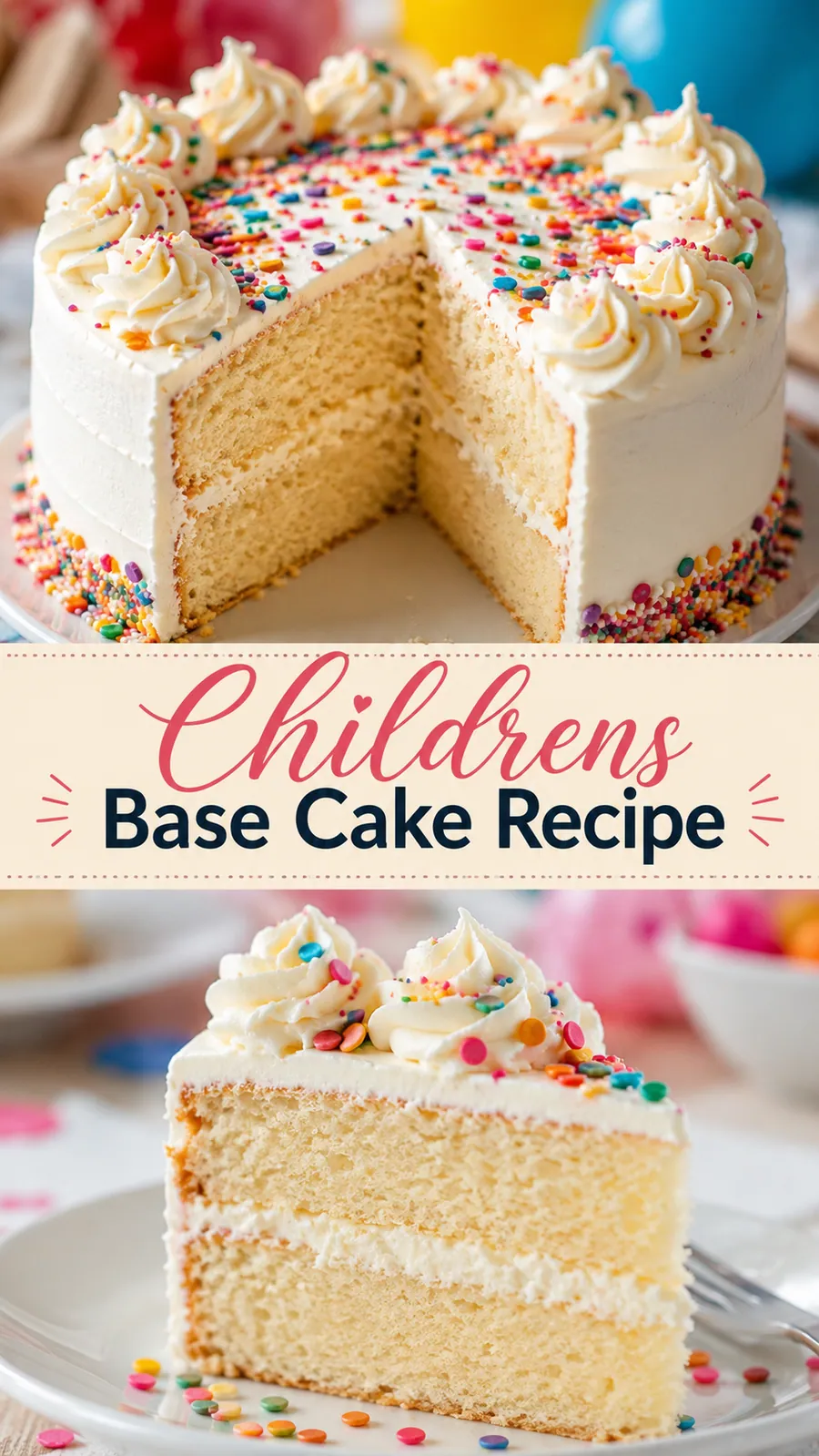Pinterest image for Children's Base Cake Recipe, with two photos of the recipe