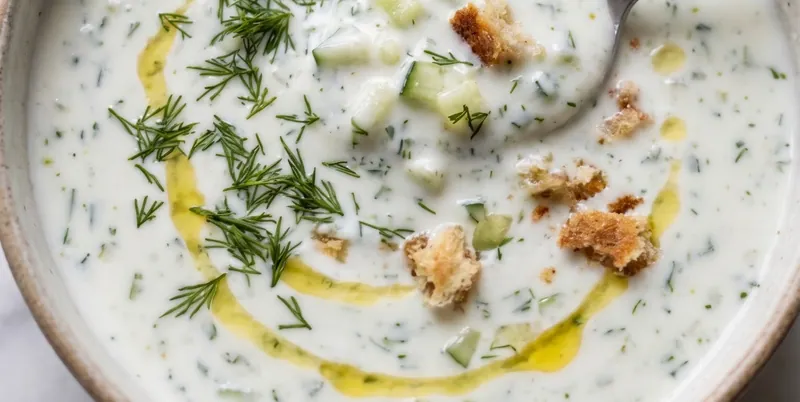 Chilled Cucumber Dill Yogurt Soup, ready to serve