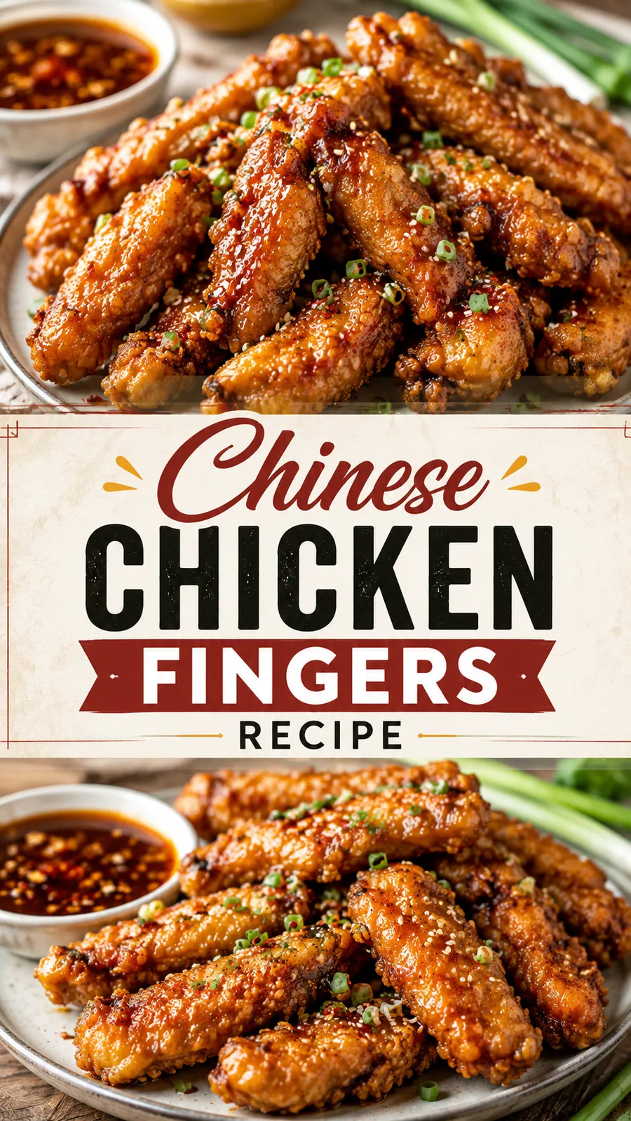 Pinterest image for Chinese Chicken Fingers Recipe, with two photos of the recipe