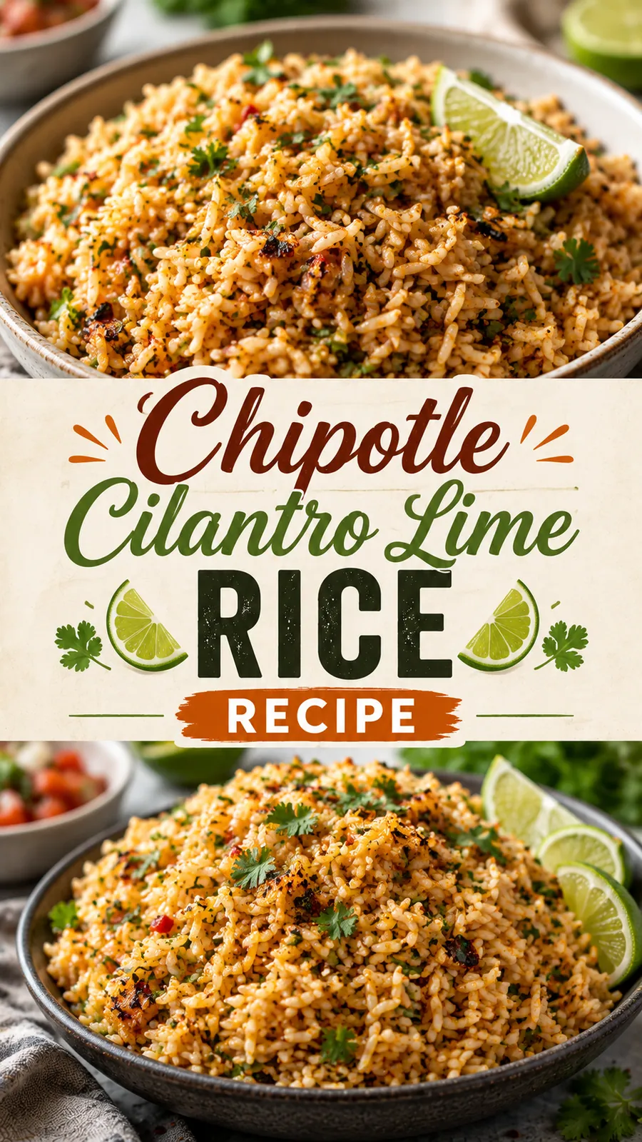 Pinterest image for Chipotle Cilantro Lime Rice Recipe, with two photos of the recipe