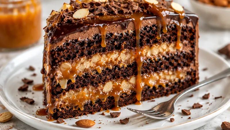 Chocolate and Almond Cake with Caramel, ready to serve