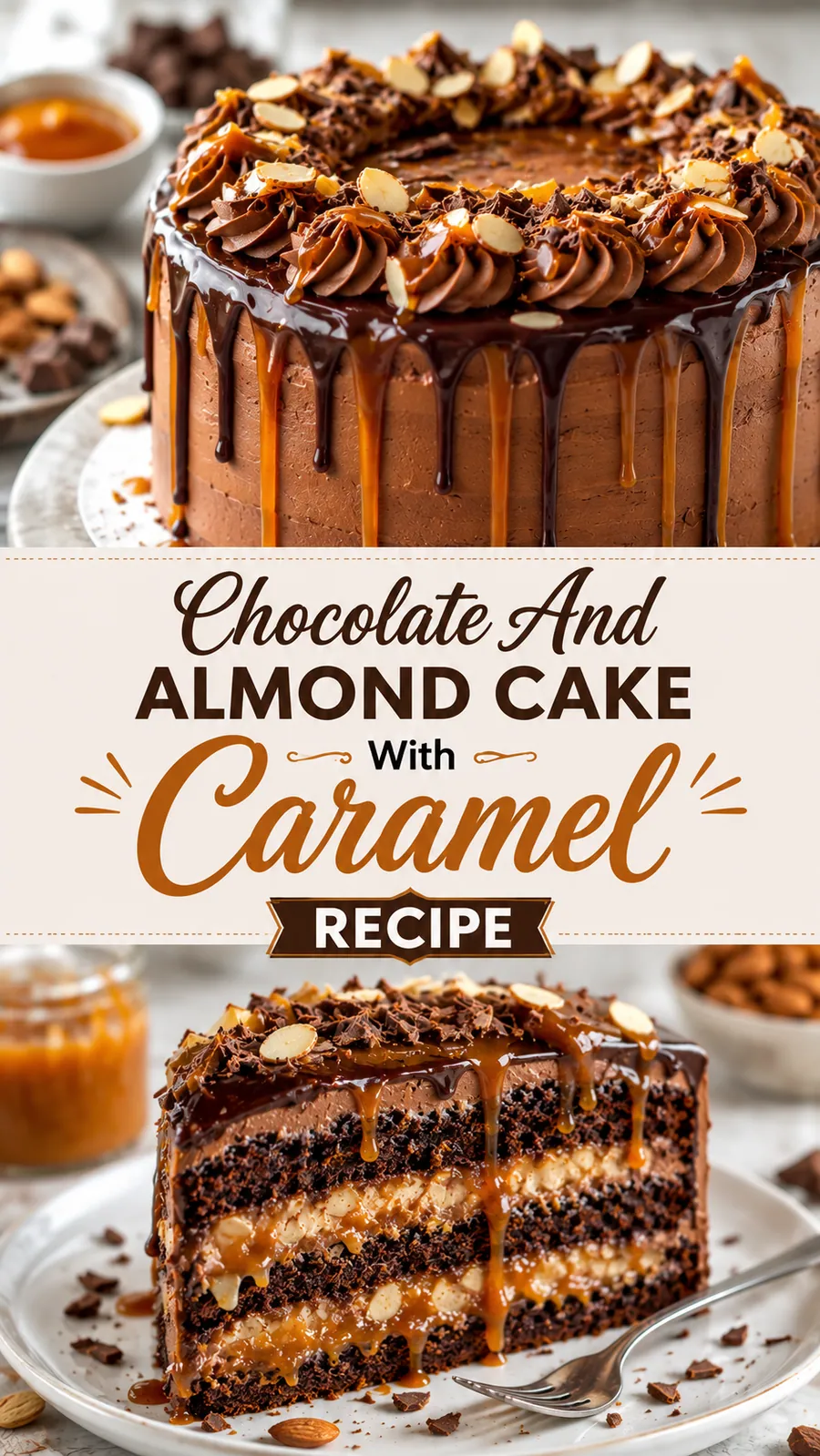 Pinterest image for Chocolate And Almond Cake With Caramel Recipe, with two photos of the recipe