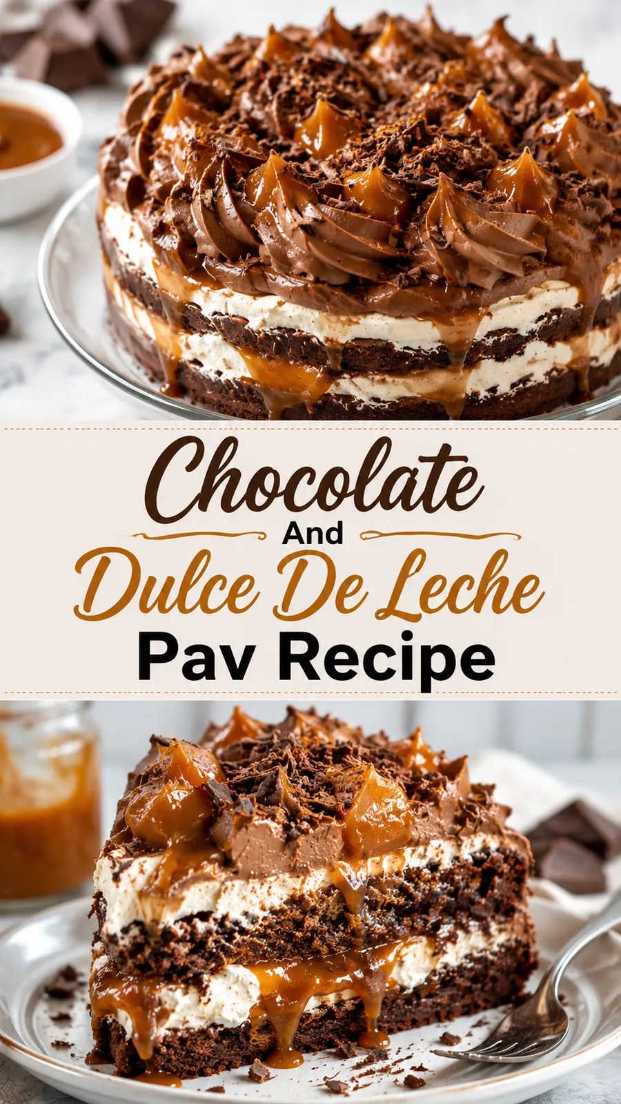 Pinterest image for Chocolate and Dulce de Leche Pavé Recipe, with two photos of the recipe