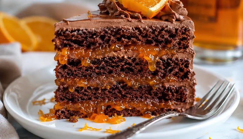 Chocolate Buttercream Cake with Orange Marmalade and Orange Liqueur, ready to serve