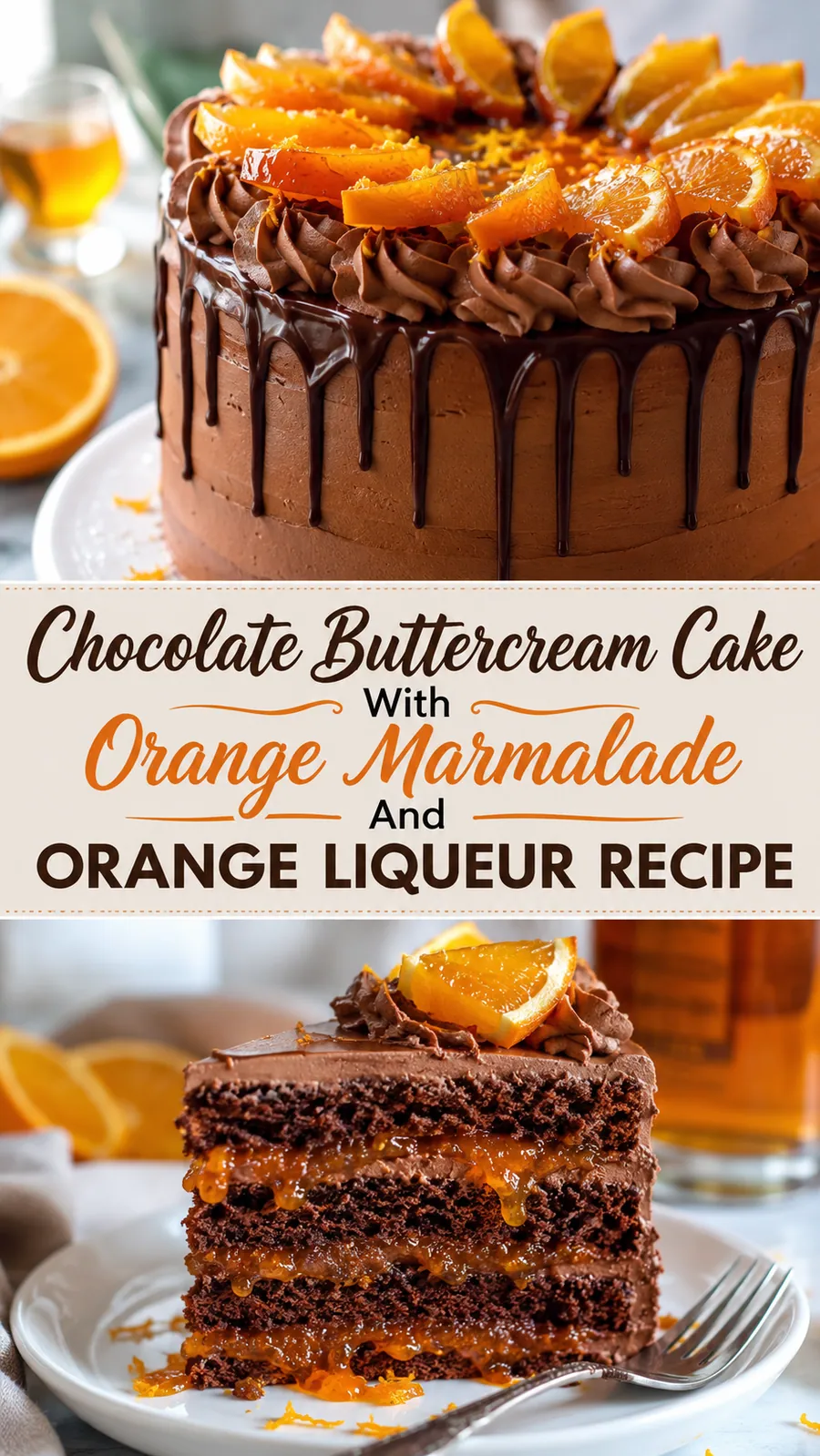 Pinterest image for Chocolate Buttercream Cake With Orange Marmalade And Orange Liqueur Recipe, with two photos of the recipe