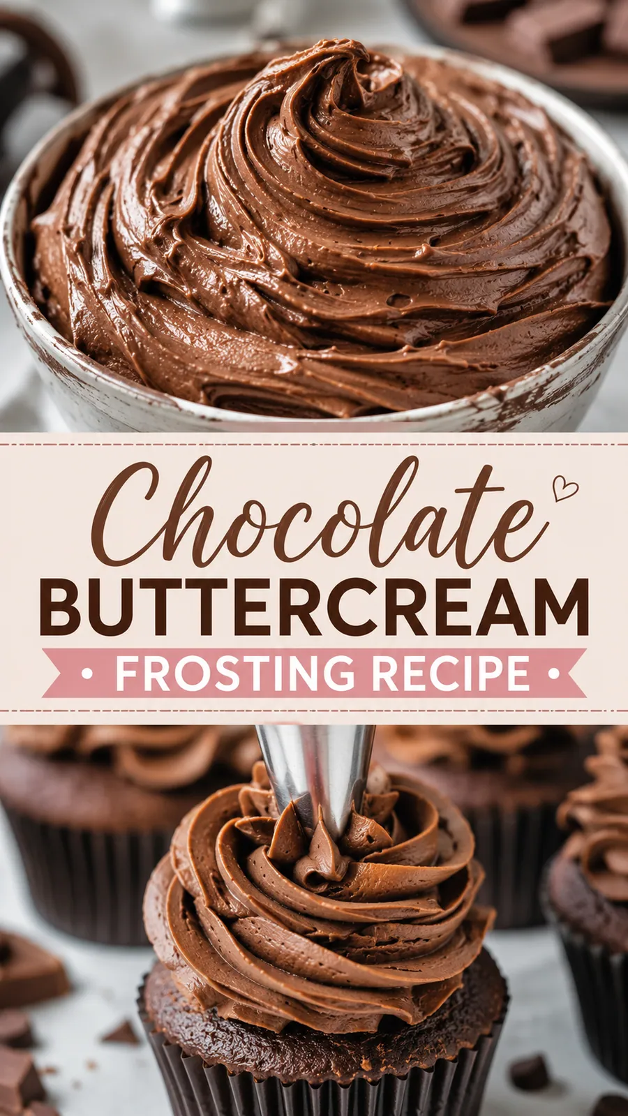 Pinterest image for Chocolate Buttercream Frosting Recipe, with two photos of the recipe