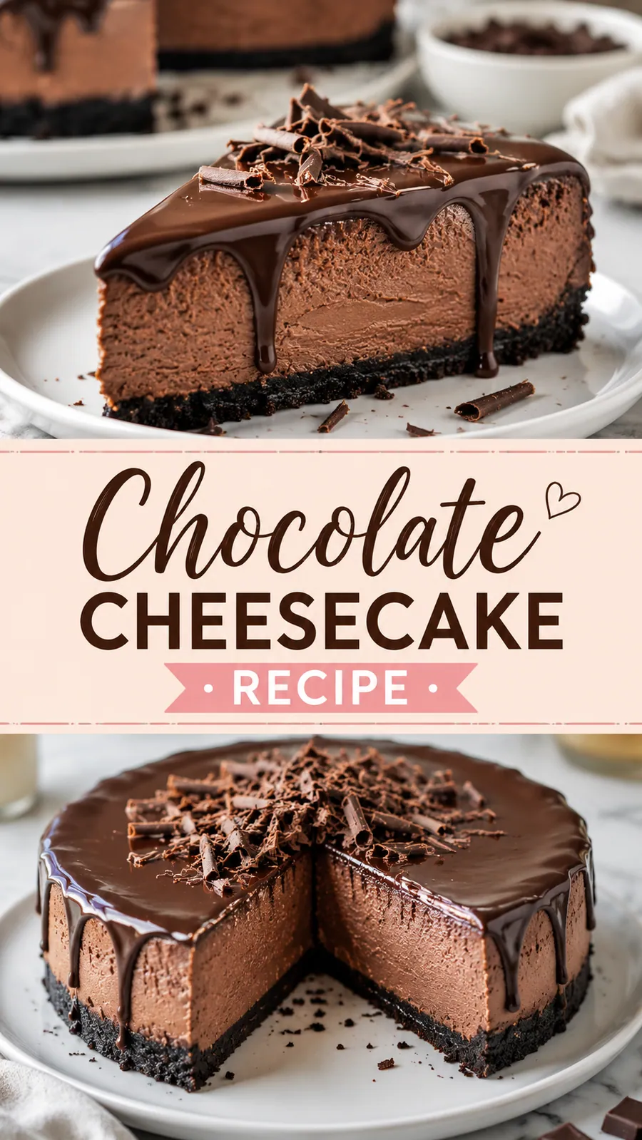 Pinterest image for Chocolate Cheesecake Recipe, with two photos of the recipe