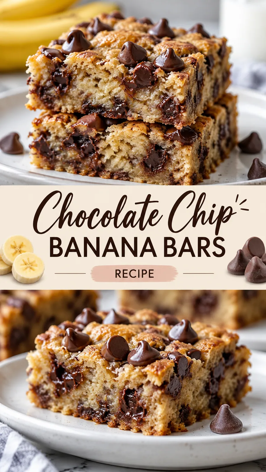 Pinterest image for Chocolate Chip Banana Bars Recipe, with two photos of the recipe