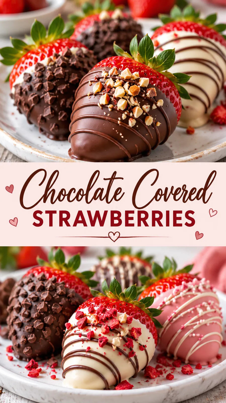 Pinterest image for Chocolate Covered Strawberries, with two photos of the recipe