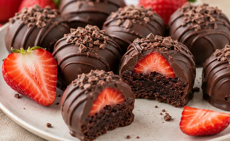 Chocolate-Covered Strawberry Brownie Bites, ready to serve