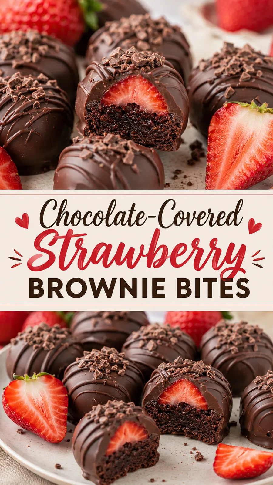 Pinterest image for Chocolate-Covered Strawberry Brownie Bites Recipe, with two photos of the recipe