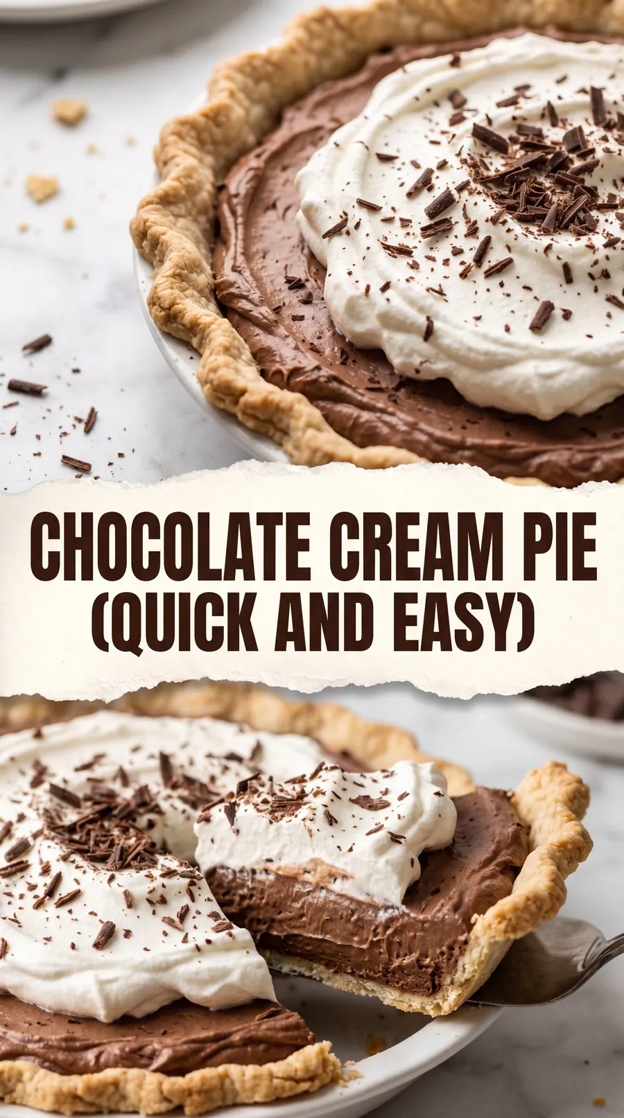Pinterest image for Chocolate Cream Pie Recipe, with two photos of the recipe