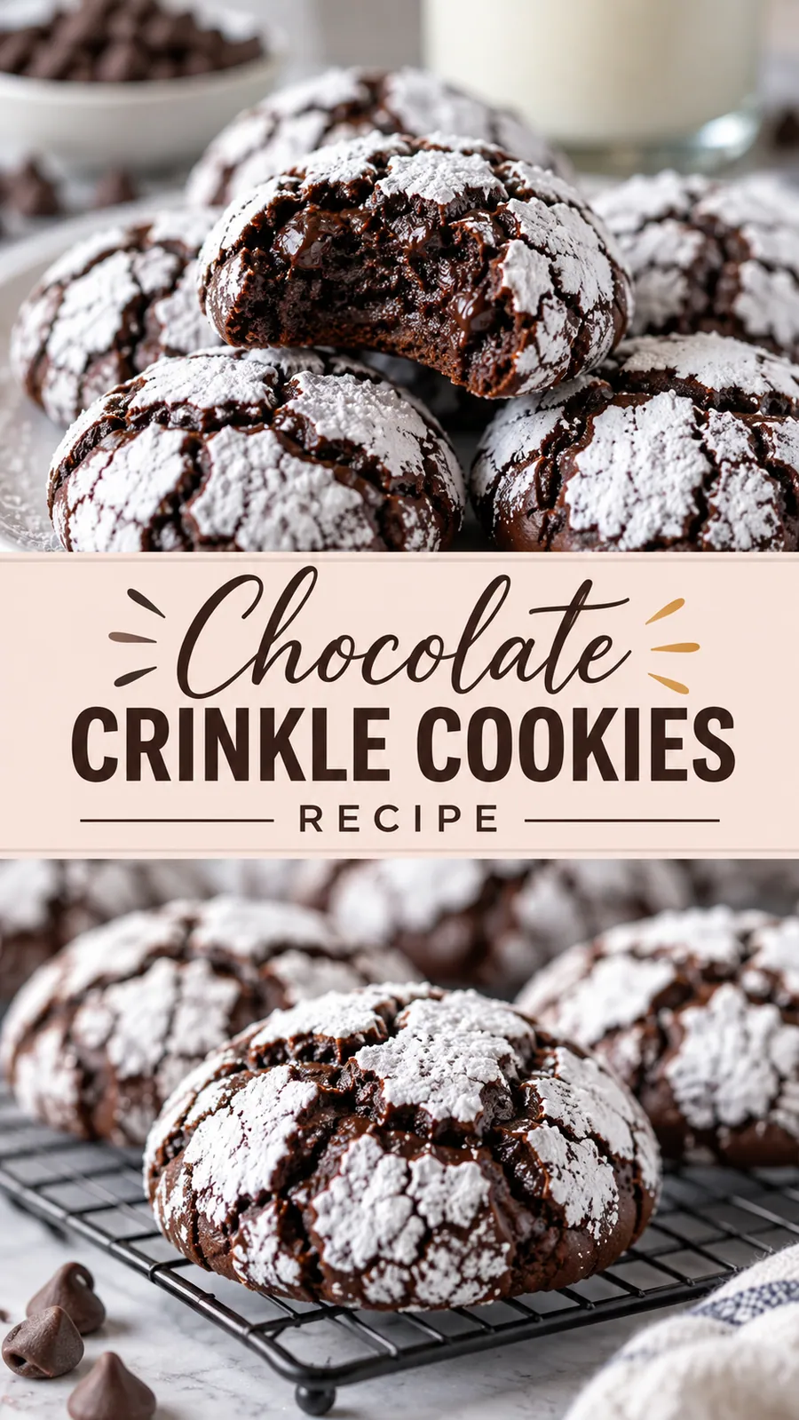 Pinterest image for Chocolate Crinkle Cookies Recipe, with two photos of the recipe