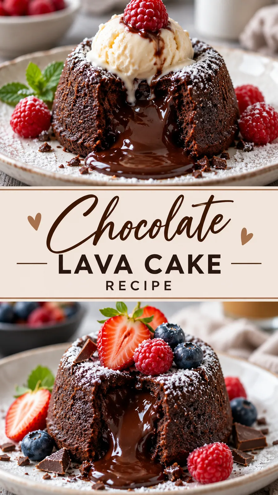 Pinterest image for Chocolate Lava Cake Recipe, with two photos of the recipe