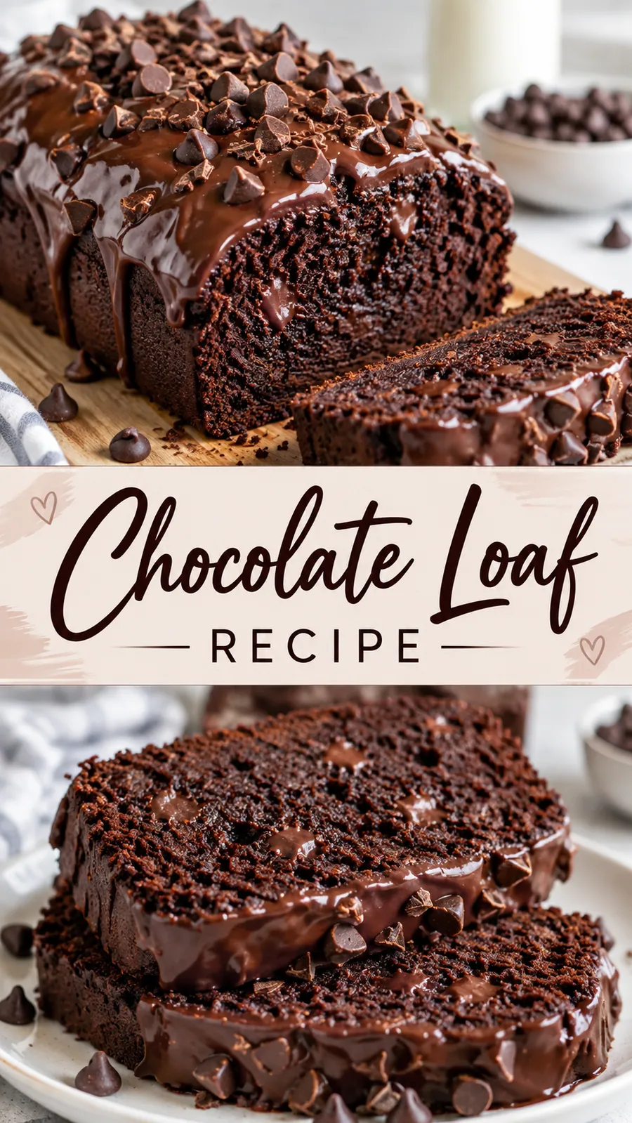 Pinterest image for Chocolate Loaf Recipe, with two photos of the recipe