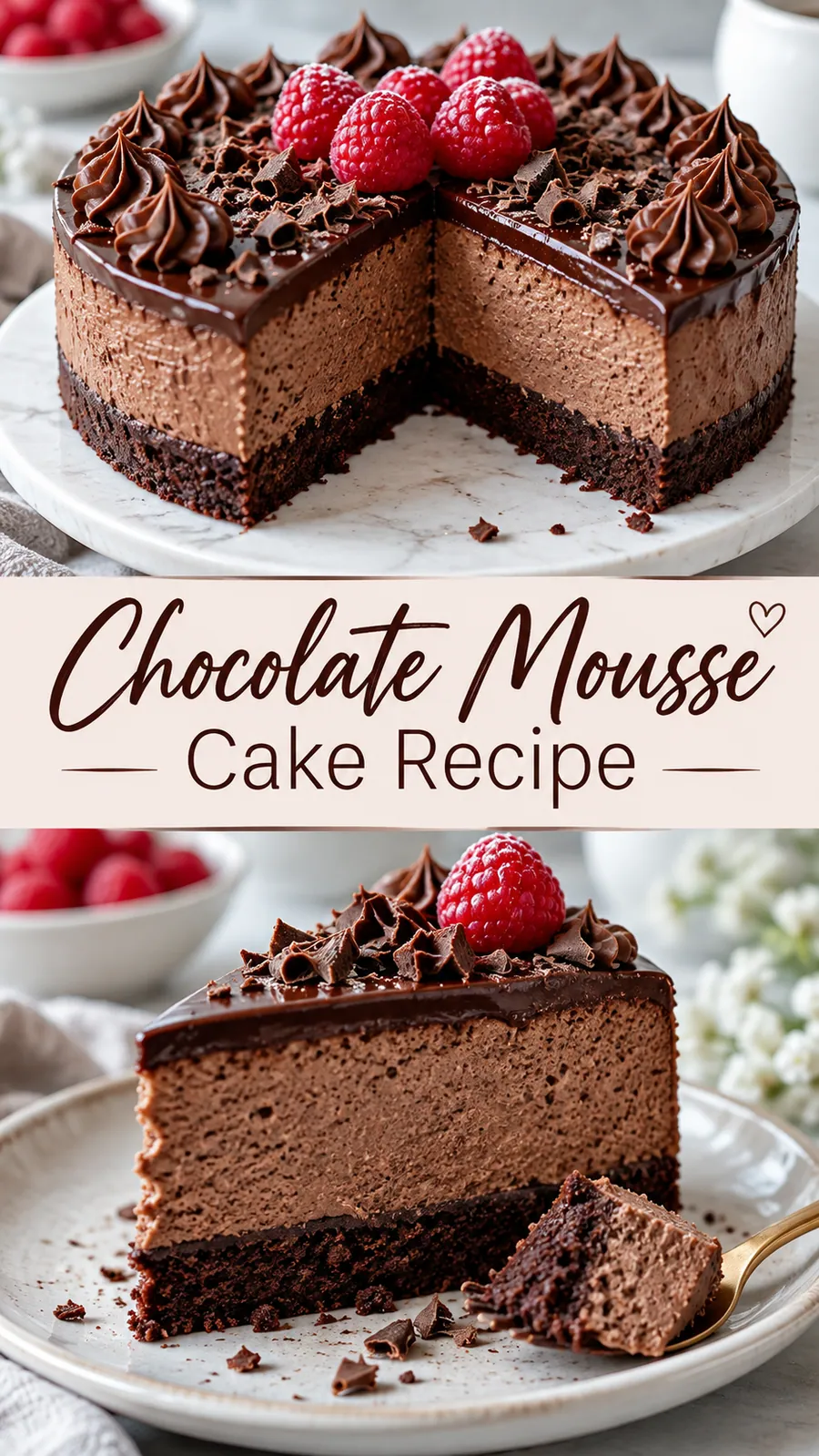 Pinterest image for Chocolate Mousse Cake Recipe, with two photos of the recipe
