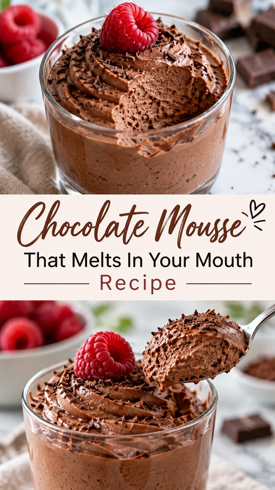 Pinterest image for Chocolate Mousse That Melts In Your Mouth Recipe, with two photos of the recipe