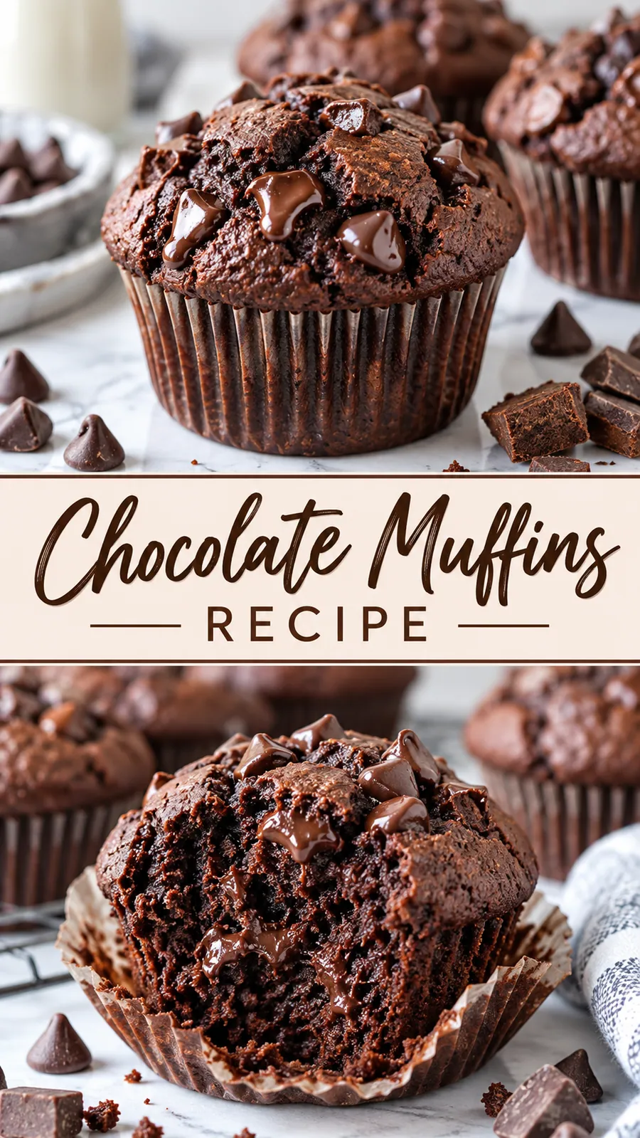 Pinterest image for Chocolate Muffins Recipe, with two photos of the recipe