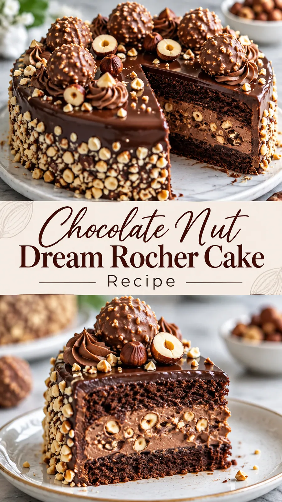 Pinterest image for Chocolate Nut Dream Rocher Cake Recipe, with two photos of the recipe