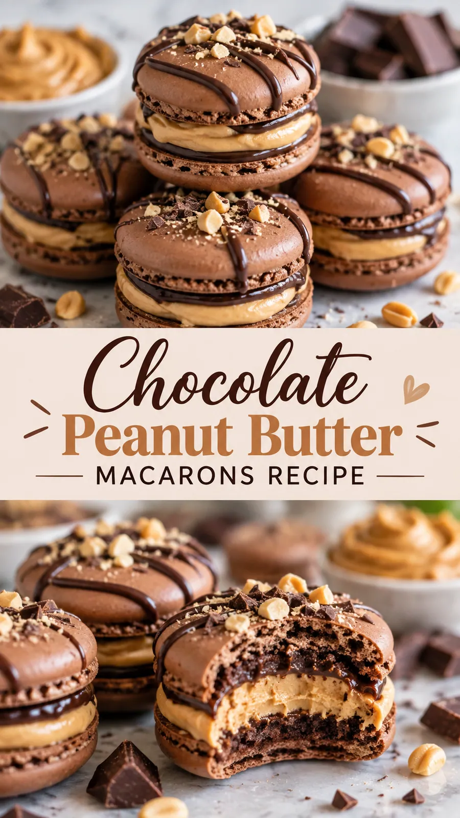 Pinterest image for Chocolate Peanut Butter Macarons Recipe, with two photos of the recipe