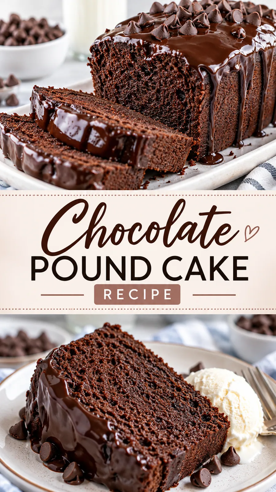 Pinterest image for Chocolate Pound Cake Recipe, with two photos of the recipe