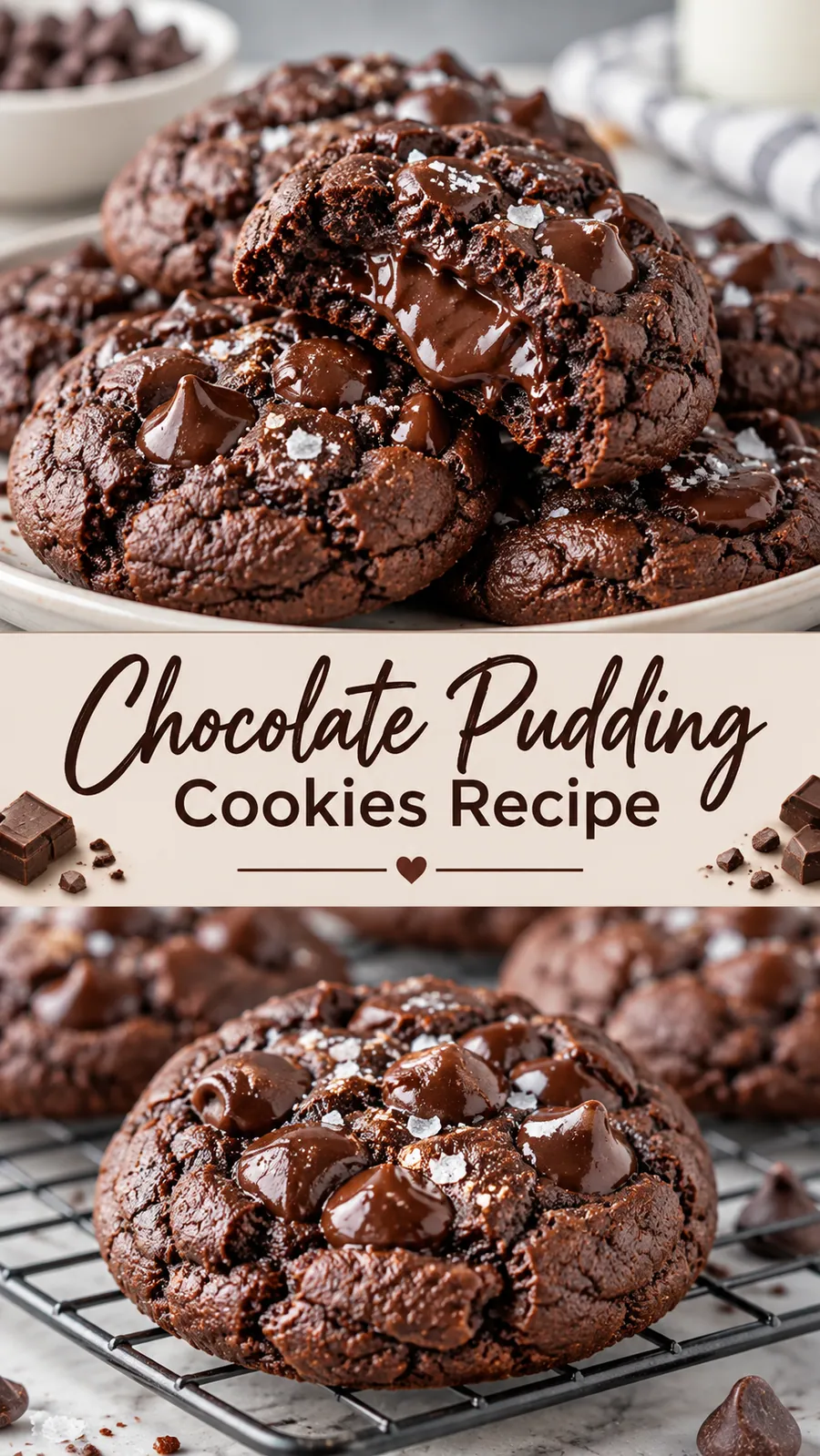 Pinterest image for Chocolate Pudding Cookies Recipe, with two photos of the recipe