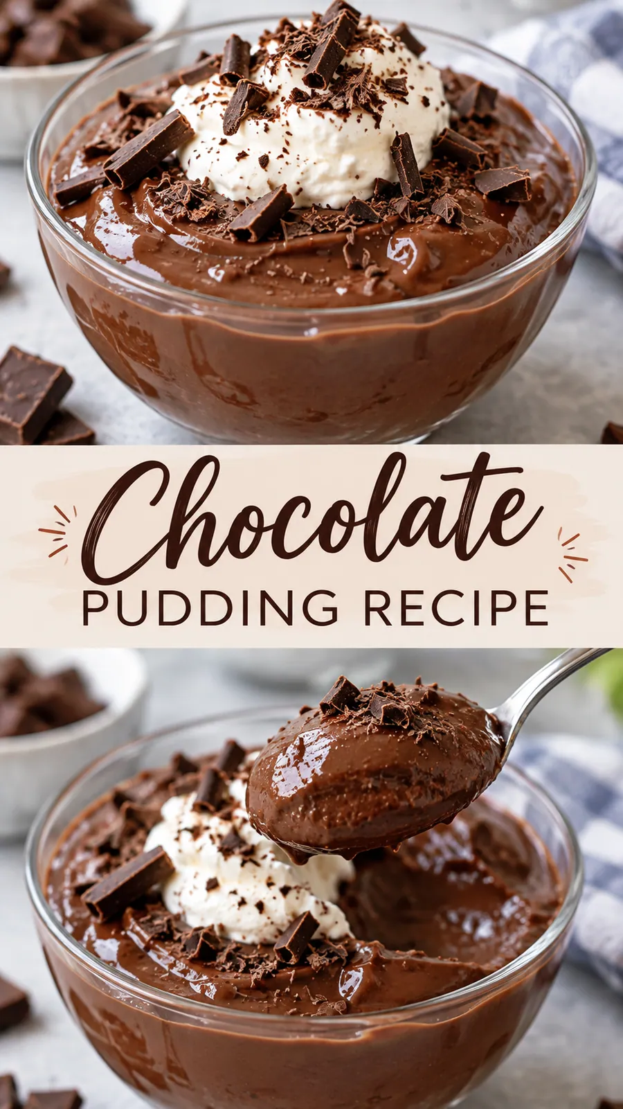 Pinterest image for Chocolate Pudding Recipe, with two photos of the recipe
