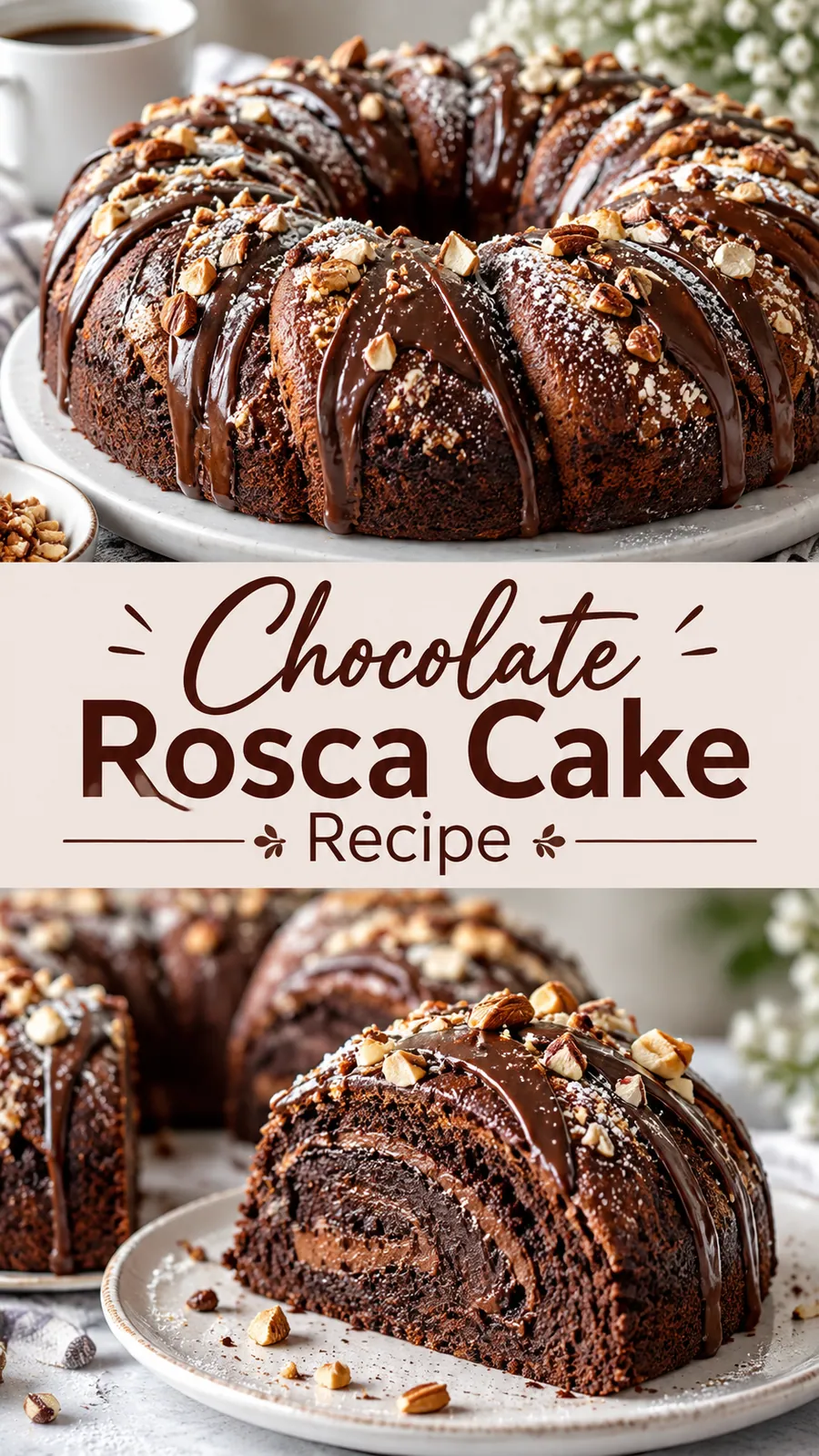 Pinterest image for Chocolate Rosca Cake Recipe, with two photos of the recipe