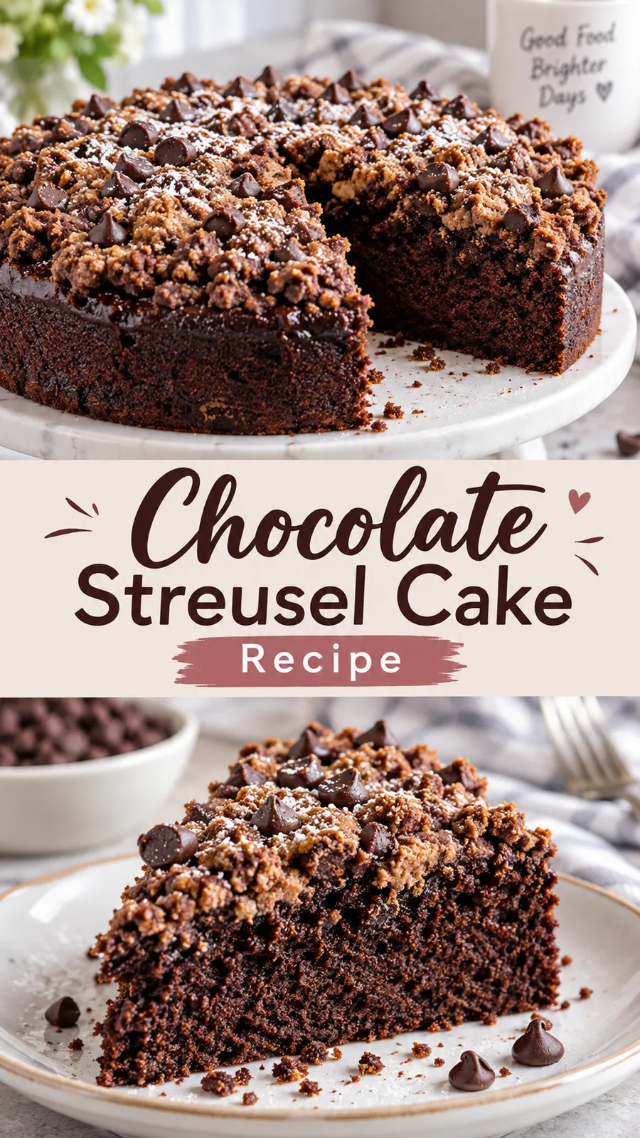 Pinterest image for Chocolate Streusel Cake Recipe, with two photos of the recipe