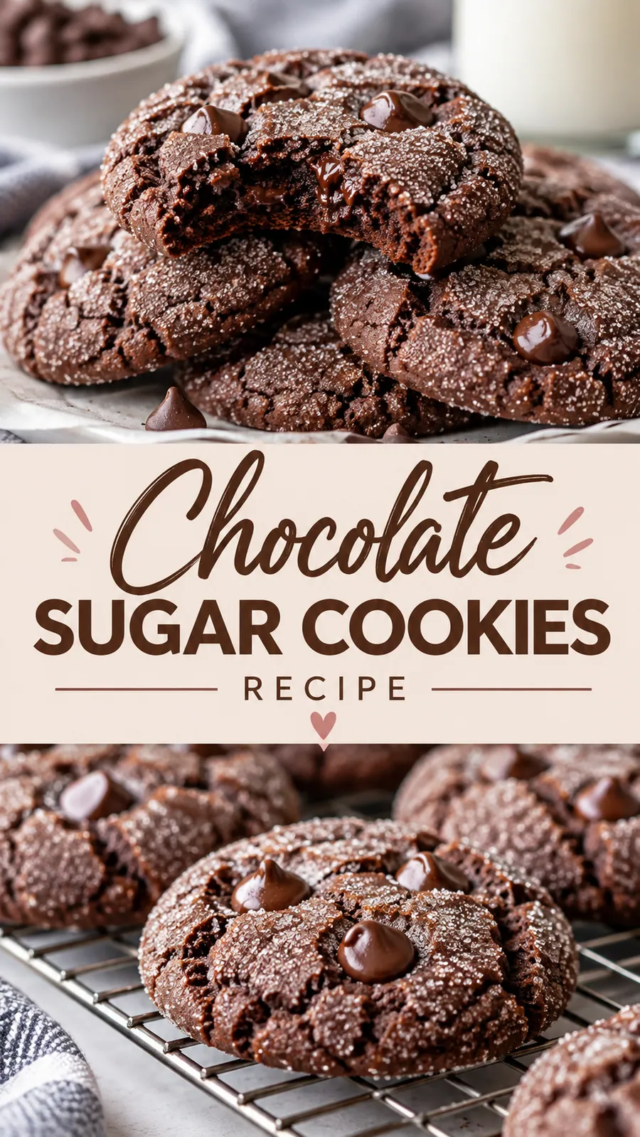 Pinterest image for Chocolate Sugar Cookies Recipe, with two photos of the recipe