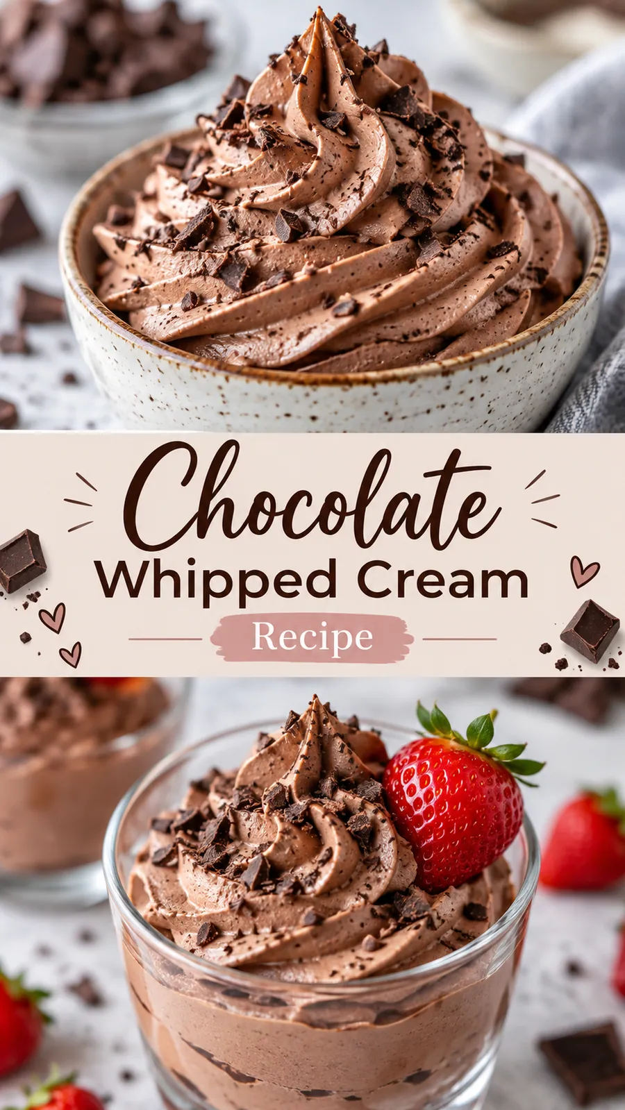 Pinterest image for Chocolate Whipped Cream Recipe, with two photos of the recipe
