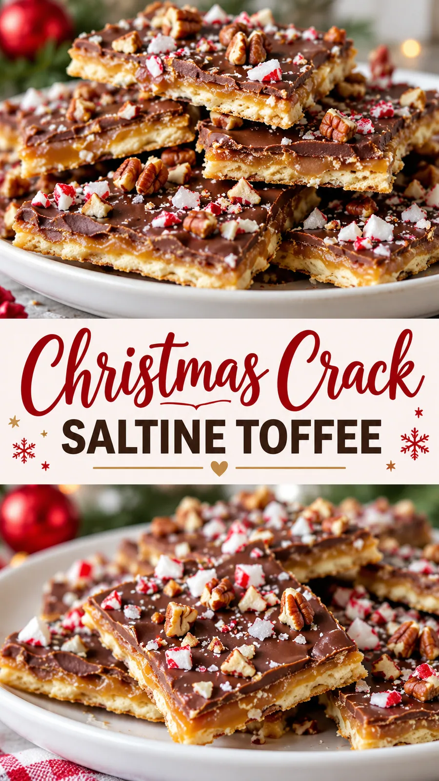 Pinterest image for Christmas Crack Saltine Toffee, with two photos of the recipe