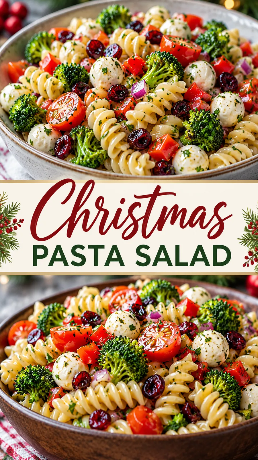 Pinterest image for Christmas Pasta Salad, with two photos of the recipe