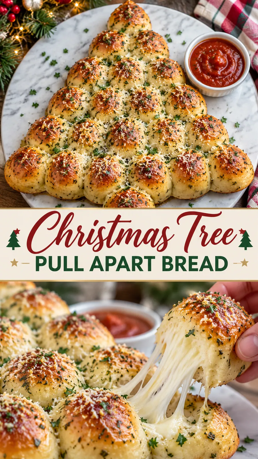 Pinterest image for Christmas Tree Pull Apart Bread, with two photos of the recipe