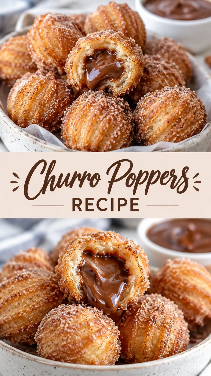 Pinterest image for Churro Poppers Recipe, with two photos of the recipe