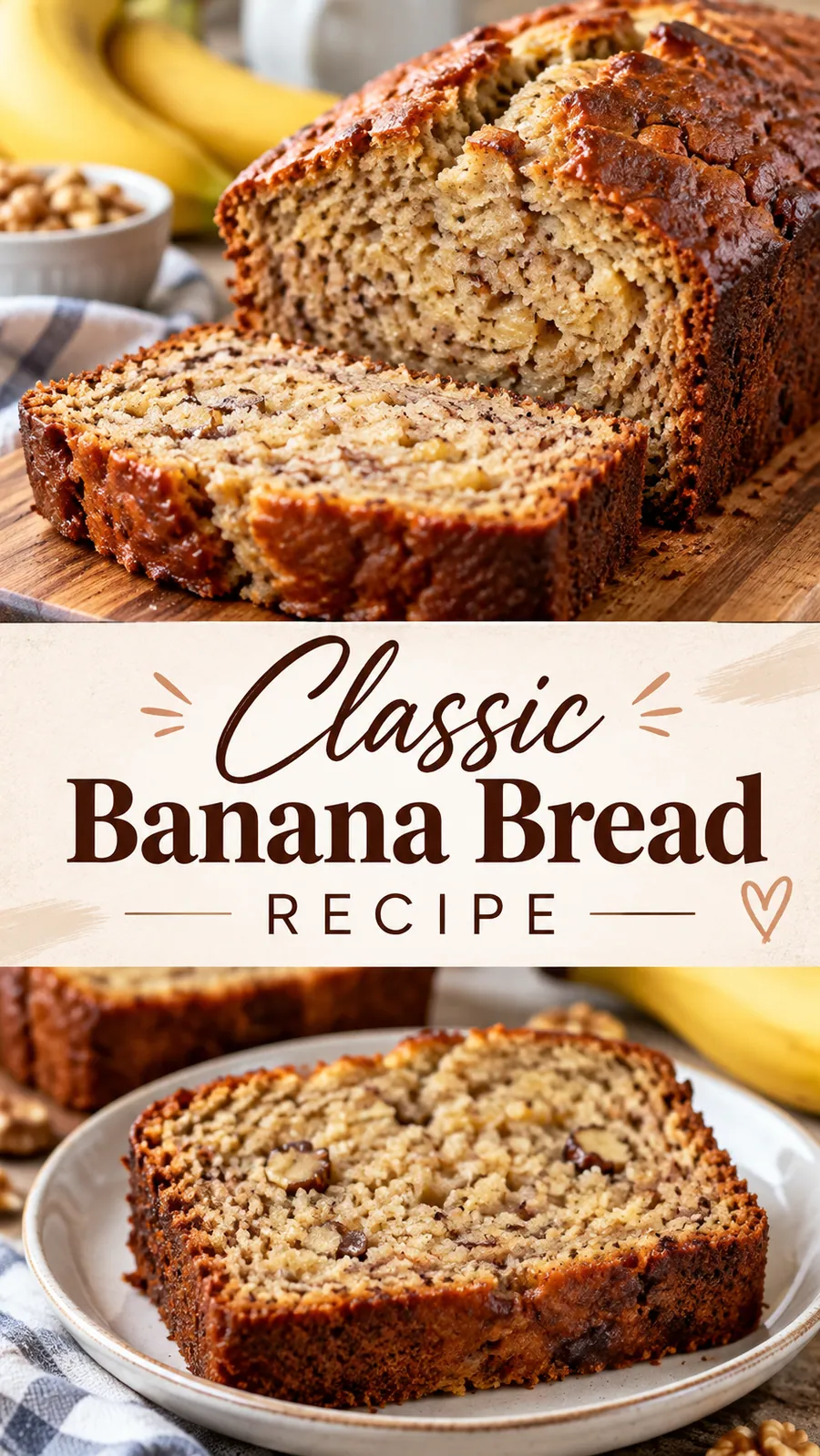 Pinterest image for Classic Banana Bread Recipe, with two photos of the recipe