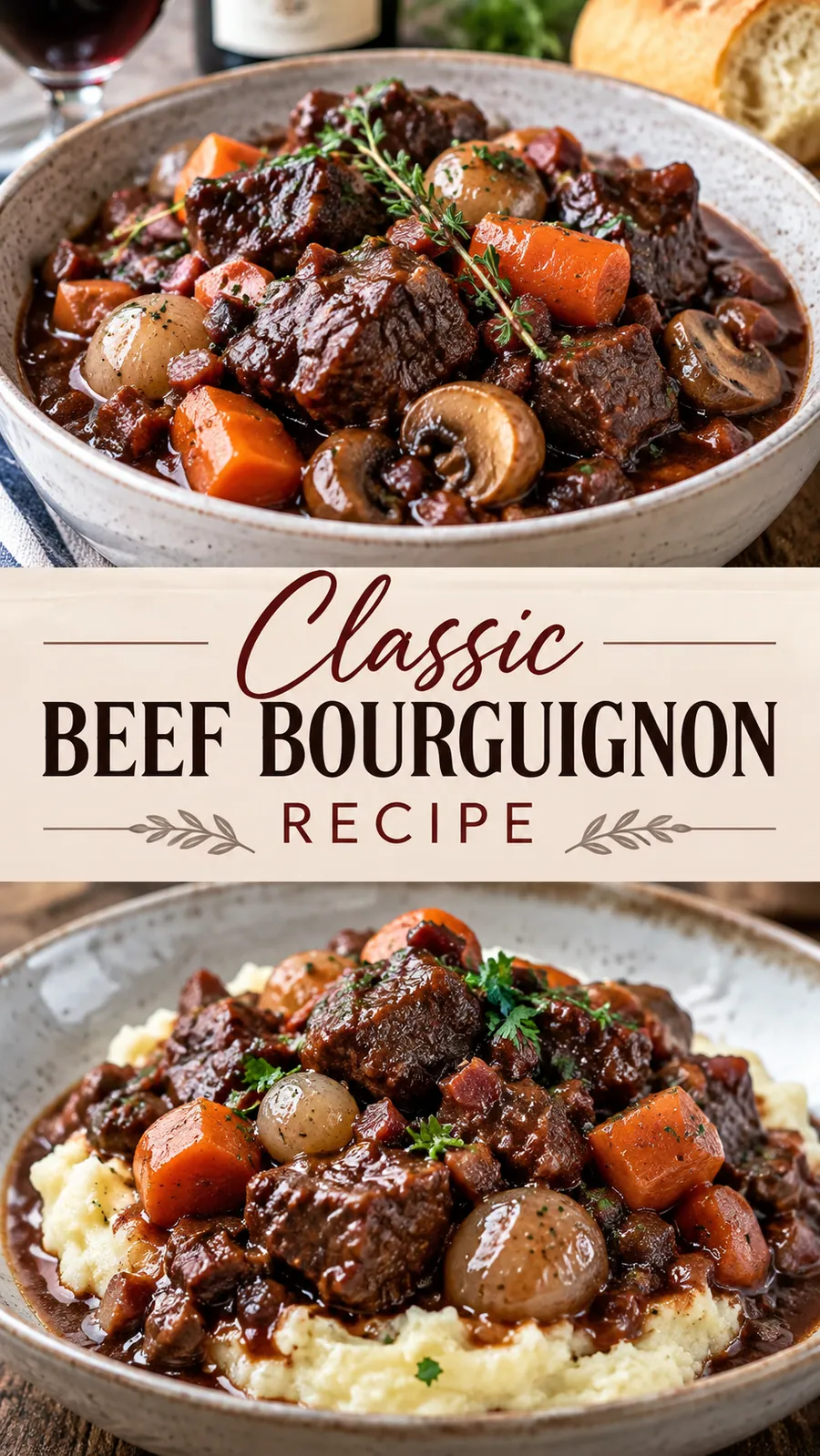 Pinterest image for Classic Beef Bourguignon Recipe, with two photos of the recipe