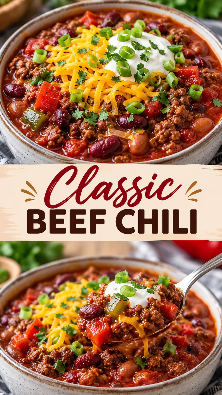 Pinterest image for Classic Beef Chili, with two photos of the recipe