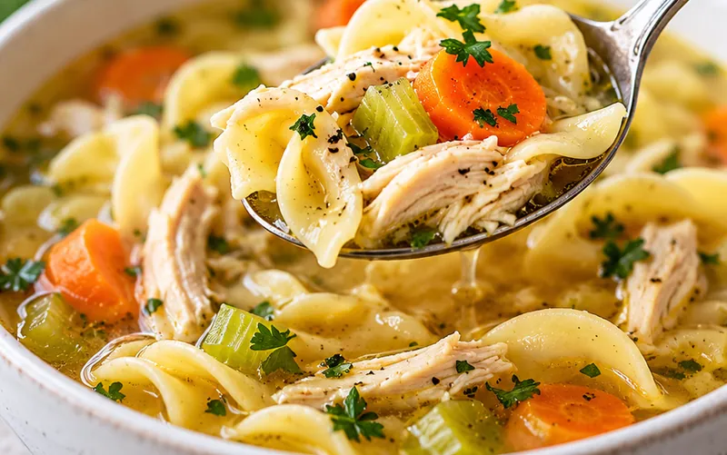 Classic Chicken Noodle Soup, ready to serve