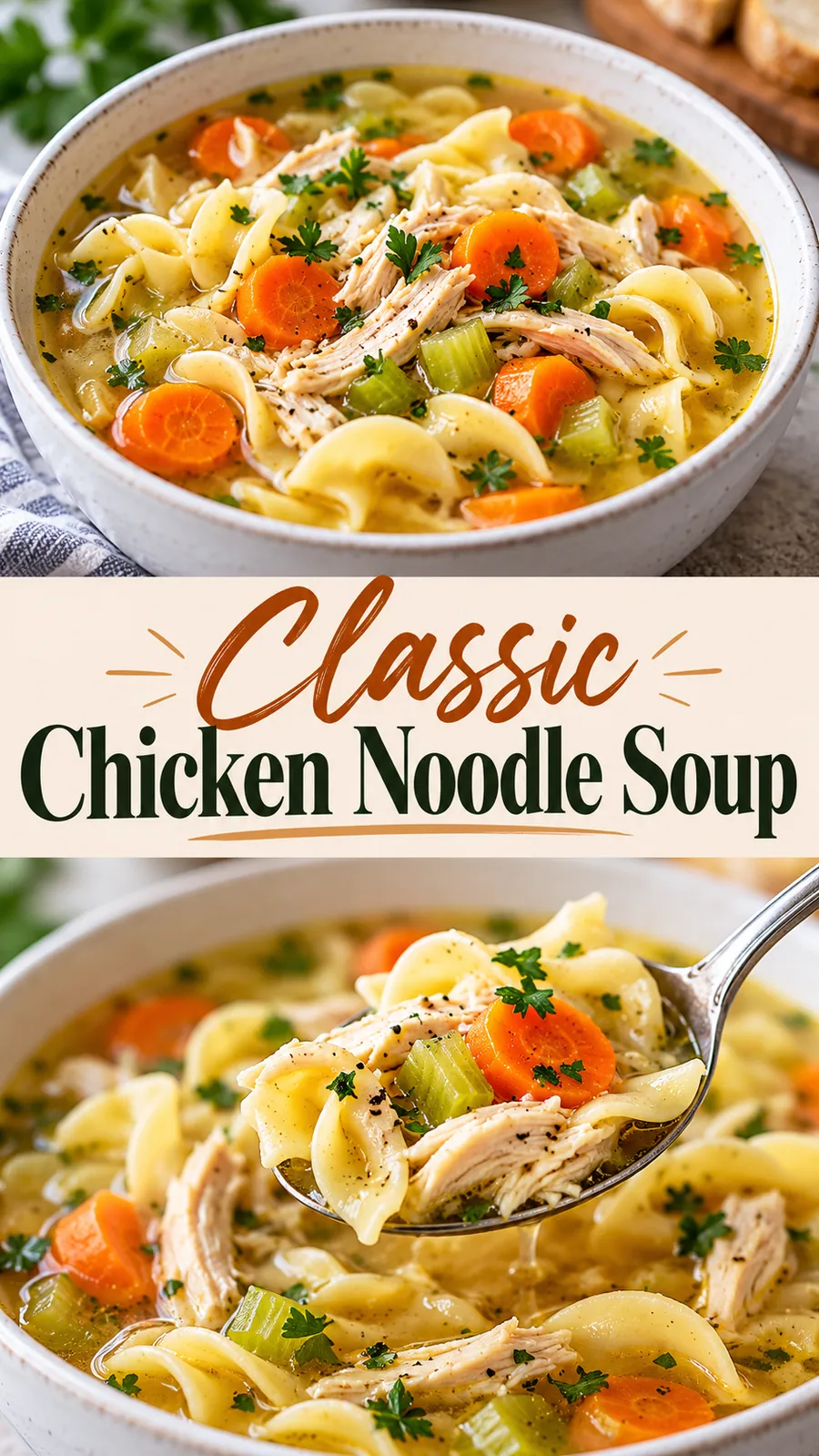 Pinterest image for Classic Chicken Noodle Soup, with two photos of the recipe