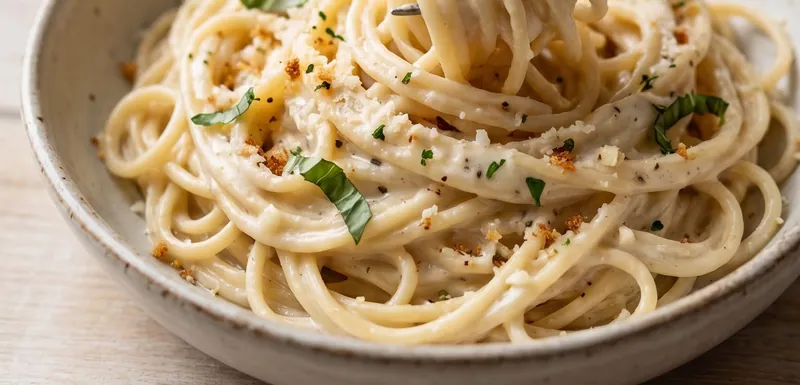 Classic Creamy Spaghetti with Garlic Parmesan Sauce, ready to serve