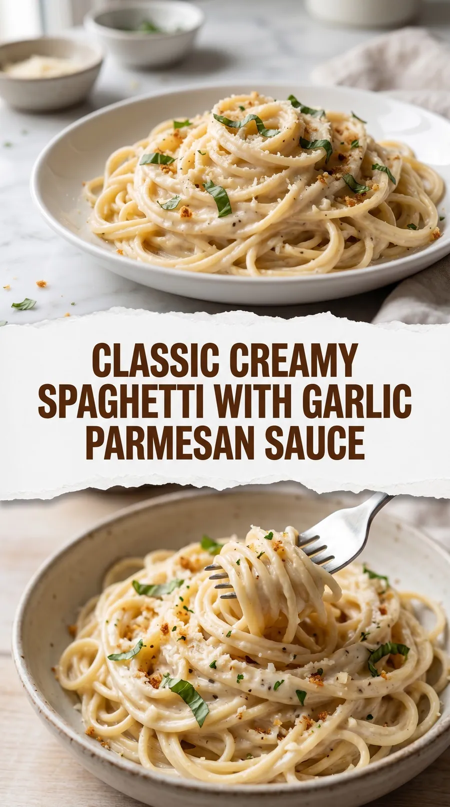 Pinterest image for Classic Creamy Spaghetti With Garlic Parmesan Sauce, with two photos of the recipe