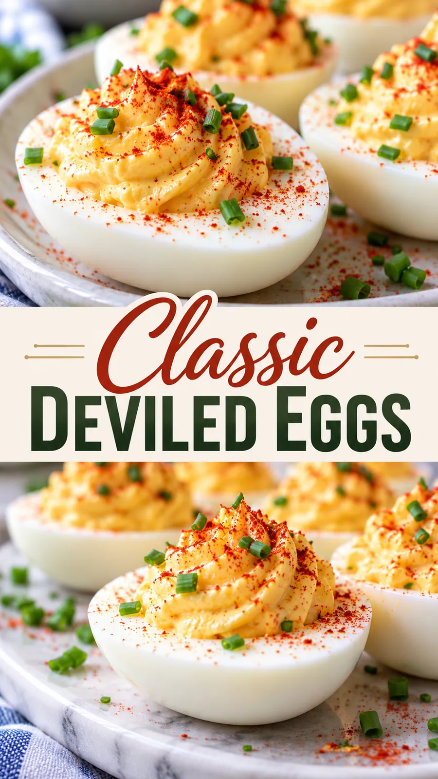 Pinterest image for Classic Deviled Eggs, with two photos of the recipe