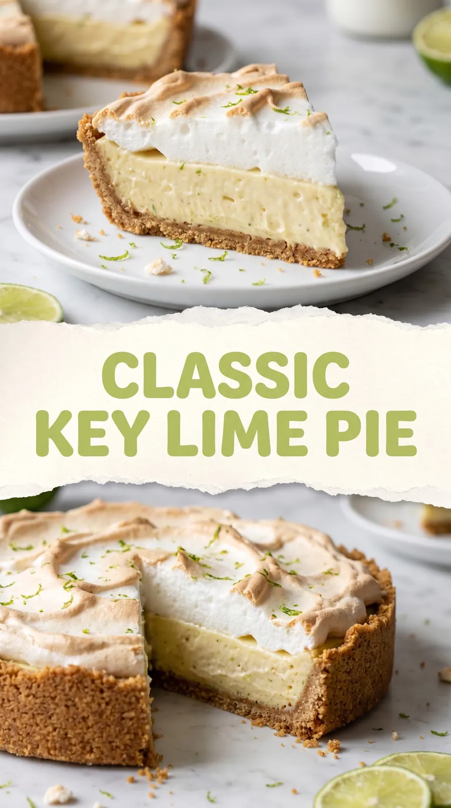 Pinterest image for Classic Key Lime Pie Recipe, with two photos of the recipe