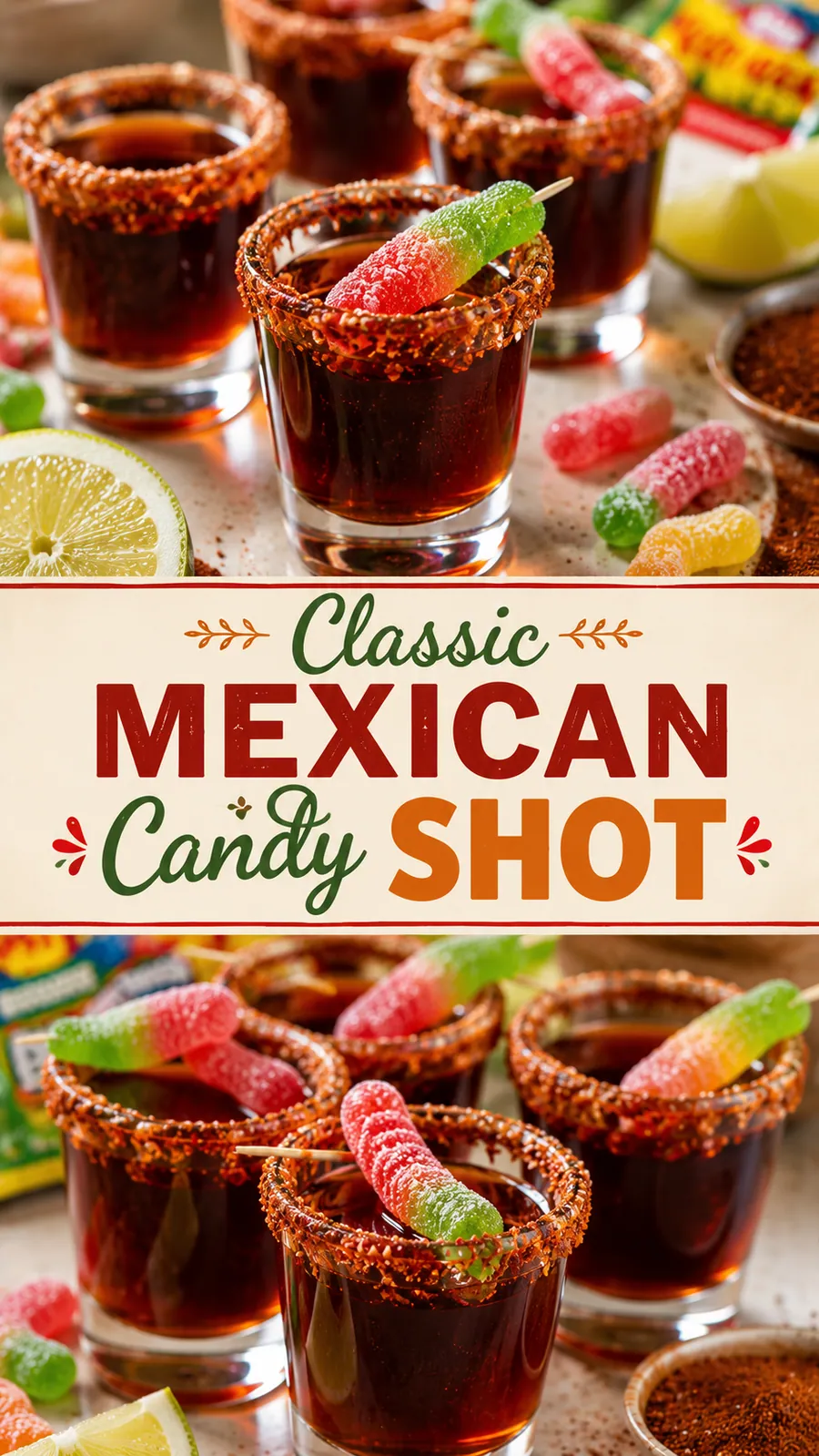 Pinterest image for Classic Mexican Candy Shot, with two photos of the recipe