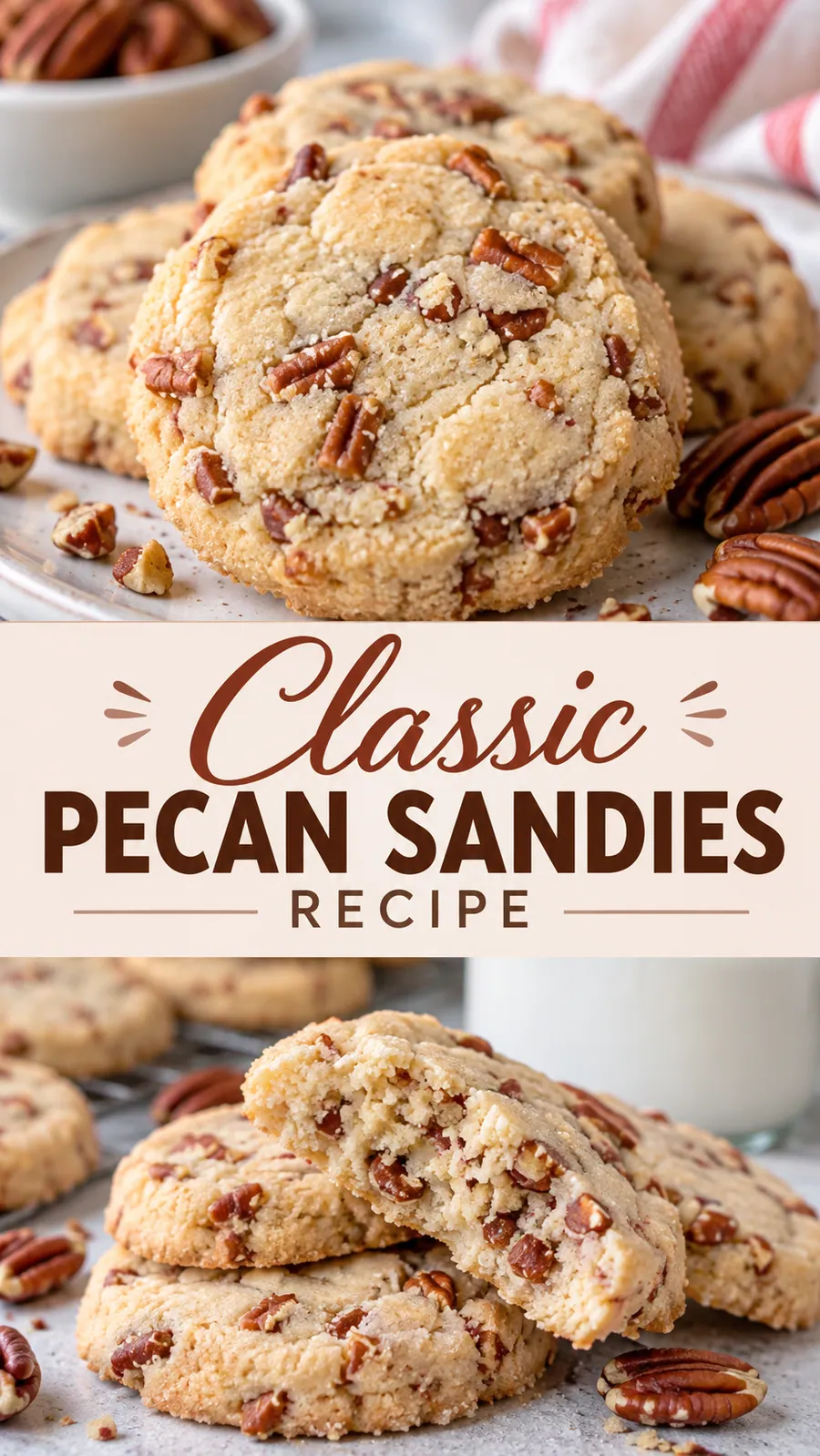 Pinterest image for Classic Pecan Sandies Recipe, with two photos of the recipe