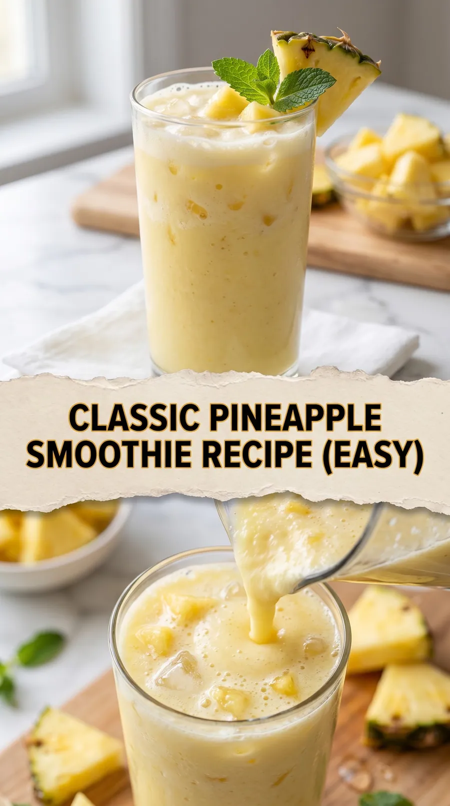 Pinterest image for Classic Pineapple Smoothie Recipe (Easy), with two photos of the recipe