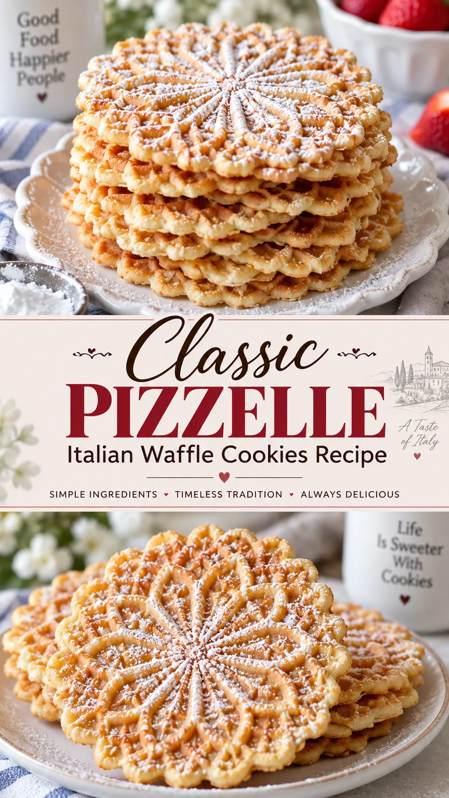 Pinterest image for Classic Pizzelle Italian Waffle Cookies Recipe, with two photos of the recipe