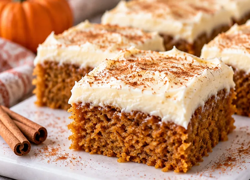 Classic Pumpkin Bars with Cream Cheese Frosting, ready to serve