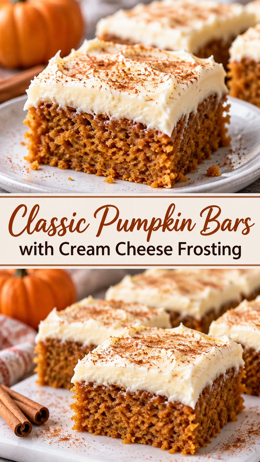 Pinterest image for Classic Pumpkin Bars with Cream Cheese Frosting, with two photos of the recipe